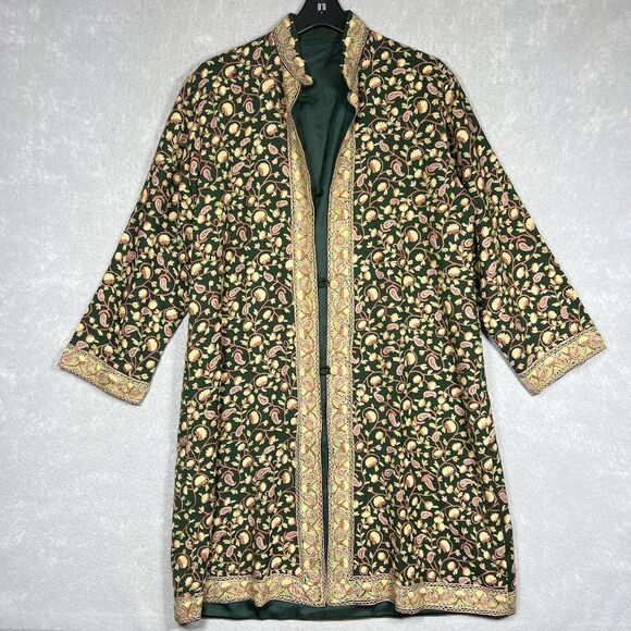 Embroidered Coat, Long Woolen Jacket, Multicolor on Black 40” Indian Women Large - Picture 1 of 11